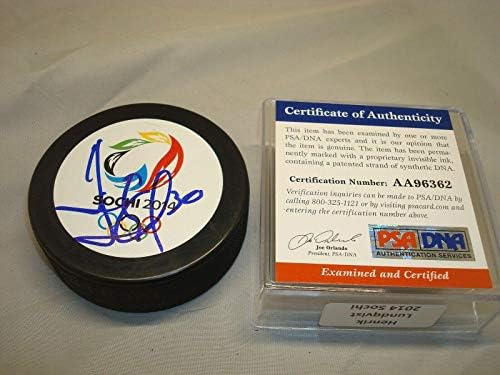 Henrik Lundqvist, Aláírt 2014-Es Szocsi Olimpia Jégkorong Autogramot PSA/DNS-COA-1A - Dedikált NHL Korong
