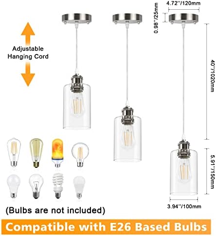 Ascher 3-Pack Ipari függesztett Lámpák, Modern Beltéri Mennyezeti Lóg világítótestek a Tiszta Üveg Árnyékban, Parasztház