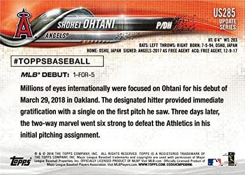 2018 Topps Frissítés Baseball US285 Shohei Ohtani Újonc Bemutatkozó Kártya
