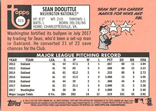 2018 Topps Örökség 315 Sean Doolittle Washington Nationals Baseball Kártya