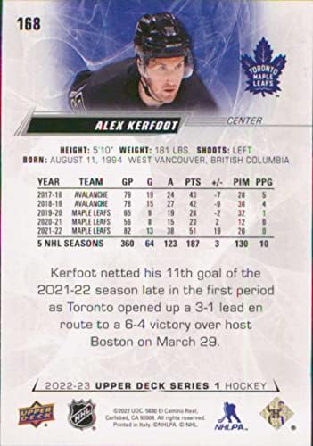 2022-23 Felső szint 168 Alex Kerfoot Toronto Maple Leafs Sorozat 1 NHL Jégkorong Trading Card