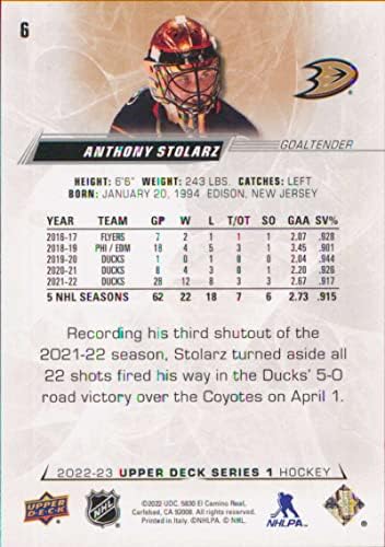 2022-23 Felső szint 6 Anthony Stolarz Anaheim Ducks Sorozat 1 NHL Jégkorong Trading Card
