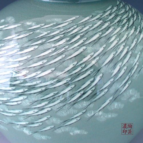 Koreai Celadon Zománc Berakásos Fehér Hal Design Zöld Porcelán Kerámia Inlay Kerámia Konyha Lakberendezés, Dekoratív, Kerek