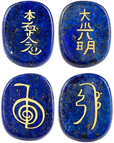 mookaitedecor Csomag - 2 Elem: 4 Darab Lapis Lazuli Vésett Kövek Csakra Szimbólumok Palm Kövek & Fekete Obszidián Rúna Kövek,