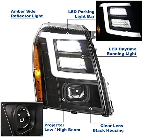 ZMAUTOPARTS LED Projektor Fényszórók Fekete w/6.25 Fehér DRL Kompatibilis a 2007-2014 Cadillac Escalade [A Raktáron HID]