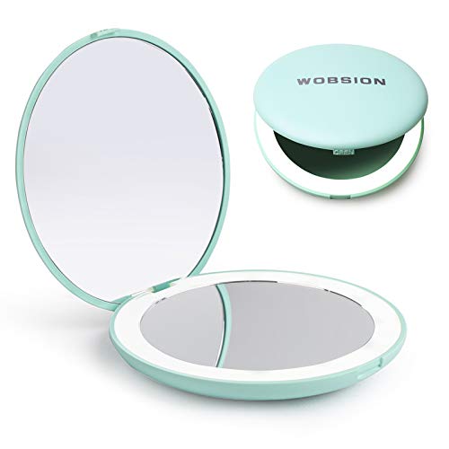wobsion LED Égő Utazási Smink Tükör, 1x/10x-es Nagyítás Kompakt Tükör, Hordozható Táska, Pénztárca, Zseb, 3.5 inch Megvilágított