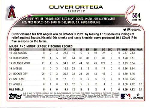 2022 Topps 554 Oliver Ortega RC Kezdő Los Angeles az Angyalok Sorozat 2 MLB Baseball Trading Card