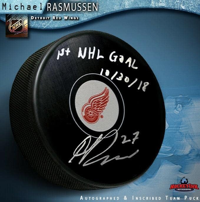 MICHAEL RASMUSSEN Aláírt & Írva Detroit Red Wings Puck - 1. CÉL -, Dedikált NHL Korong