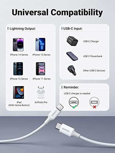 UGREEN USB-C-Lightning Kábel - 6FT Mpi Hitelesített PD Gyors Töltés Lightning Kábel Kompatibilis az iPhone 14/14 Pro/14 Pro