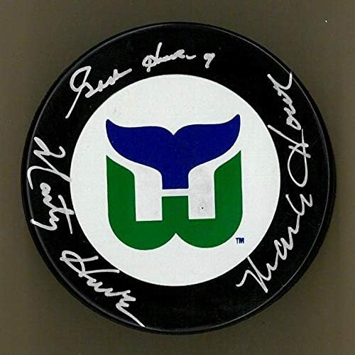 Gordie Howe, Mark Howe, s Marty Howe Dedikált Hartford Legénység Puck - Dedikált NHL Korong